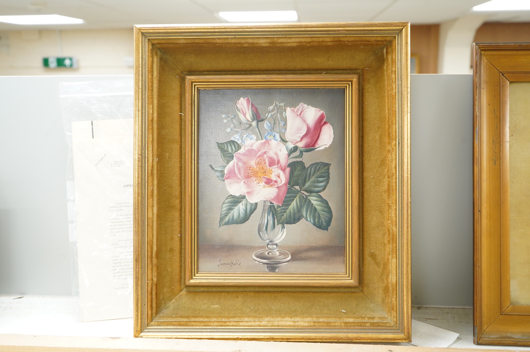 James Noble (1919-1989), 'Pink roses', still life, signed, Ex. E. Stacy-Marks, with accompanying paperwork, labels verso, oil on canvas, 24 x 19cm